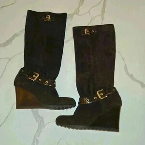 Michael Kors Womens Wedge Suede Slouch Tall Chocolate Boots Size 9